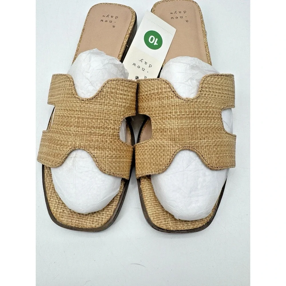 A New Day Raffia Slide Sandals Designer Flats 10 Beige Nina Beach Coastal Resort